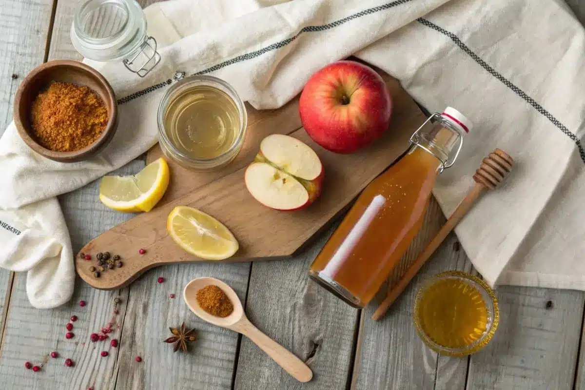 Ingredients for an apple cider vinegar shot, including apple cider vinegar, honey, lemon juice, water, and fresh ginger, laid out on a wooden counter.