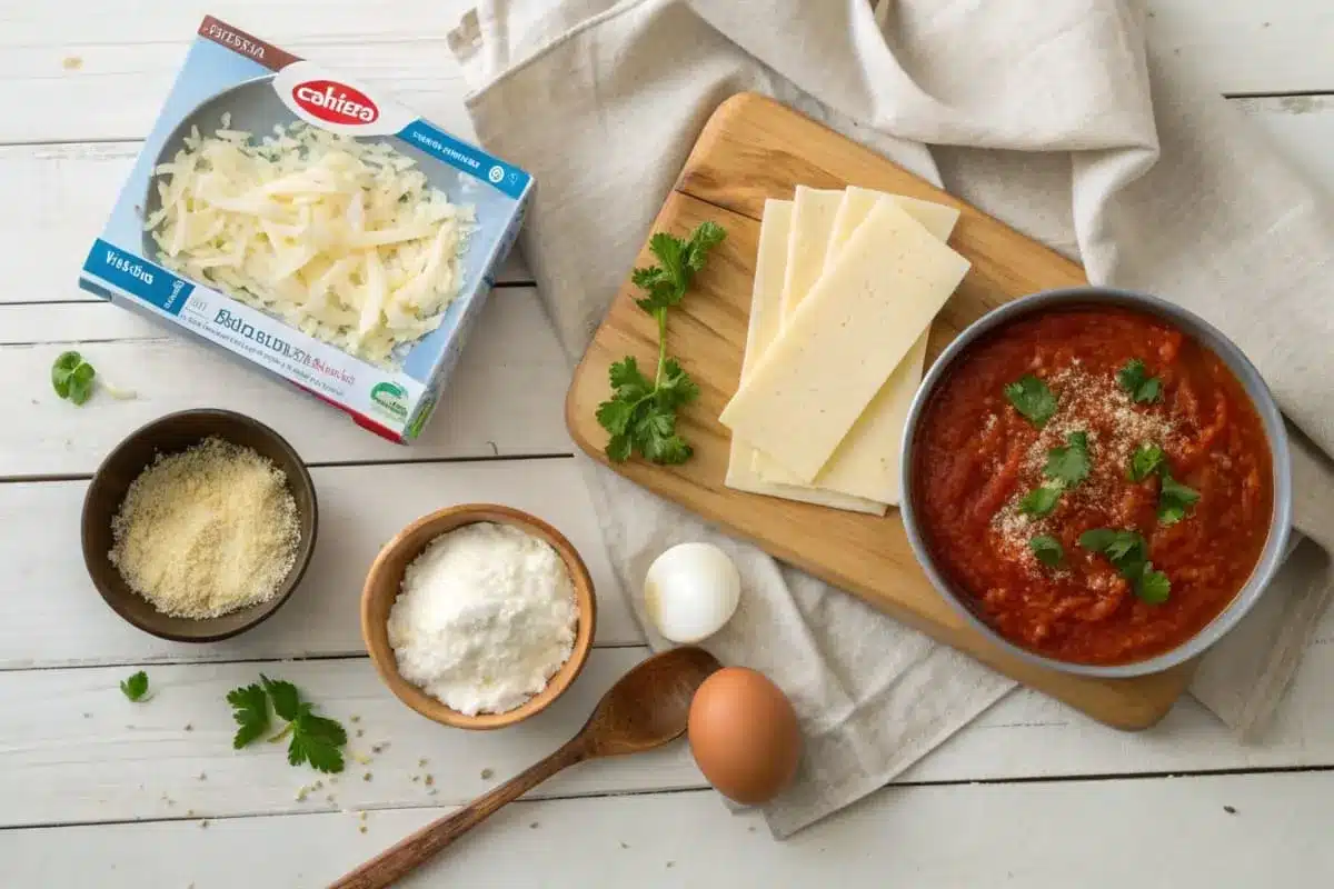 Ingredients for Barilla lasagna, including Barilla lasagna sheets, ground beef, marinara sauce, ricotta cheese, mozzarella, and fresh basil, displayed on a counter.