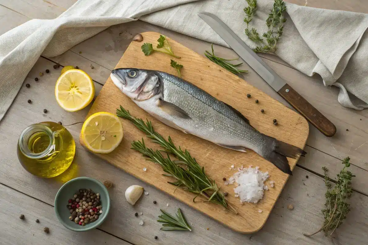 Ingredients for branzino, including whole branzino fish, garlic, lemon, olive oil, fresh parsley, and rosemary, displayed on a wooden cutting board.