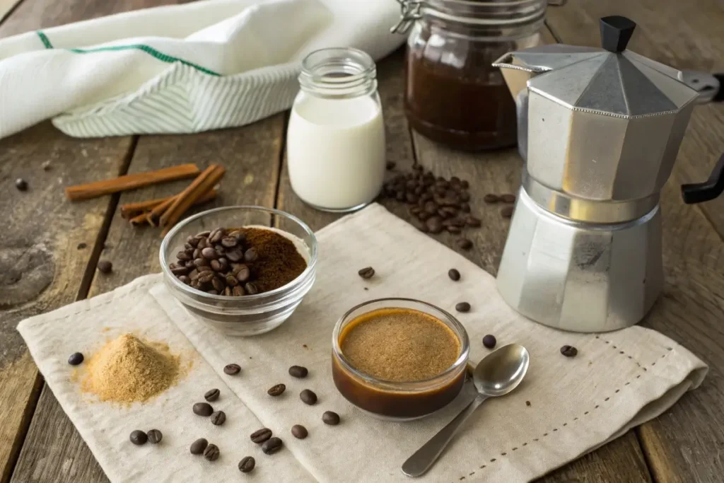 Ingredients for brown sugar shaken espresso, including espresso shots, brown sugar, cinnamon, milk, and ice cubes, displayed on a wooden countertop.