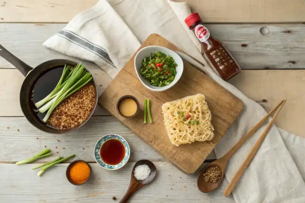 Ingredients for buldak ramen, including a package of buldak ramen, eggs, green onions, sesame seeds, and shredded cheese, displayed on a kitchen counter.