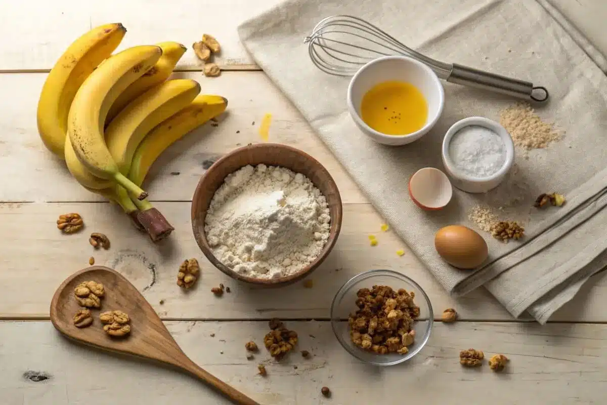 Ingredients for banana bread without butter, including ripe bananas, flour, eggs, sugar, baking soda, and oil, neatly displayed on a kitchen counter.