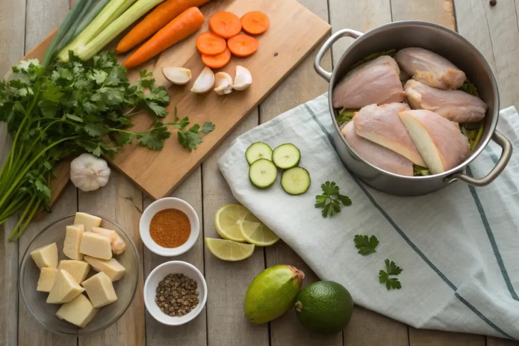 Ingredients for caldo de pollo, including chicken thighs, carrots, potatoes, zucchini, corn, cilantro, and lime, displayed on a kitchen counter.