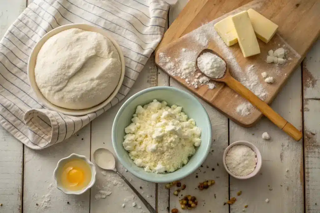 Ingredients for cottage cheese bread, including cottage cheese, flour, eggs, yeast, and sugar, arranged on a kitchen counter.