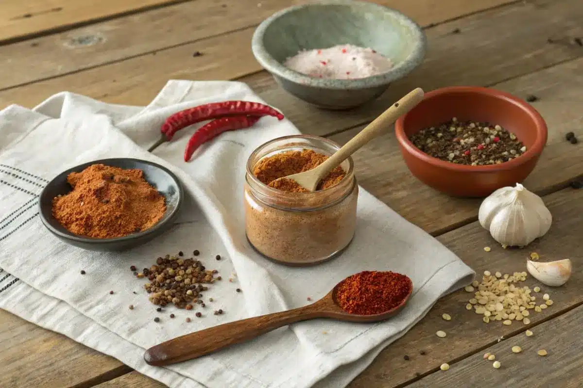 Ingredients for Slap Ya Mama seasoning, including paprika, garlic powder, cayenne pepper, black pepper, onion powder, and salt, neatly displayed on a counter.