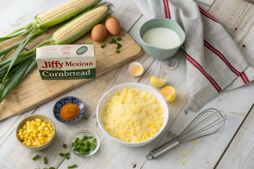 Ingredients for Jiffy Mexican cornbread, including Jiffy mix, eggs, milk, corn, shredded cheese, and diced jalapeños, displayed on a countertop.