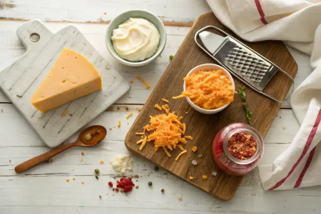 Ingredients for old-fashioned pimento cheese, including shredded cheddar cheese, mayonnaise, pimentos, cream cheese, and seasonings, displayed on a kitchen counter.