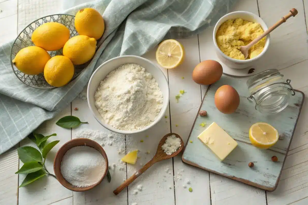 Ingredients for lemon cookies, including flour, sugar, butter, fresh lemons, eggs, and vanilla extract, arranged neatly on a kitchen counter.