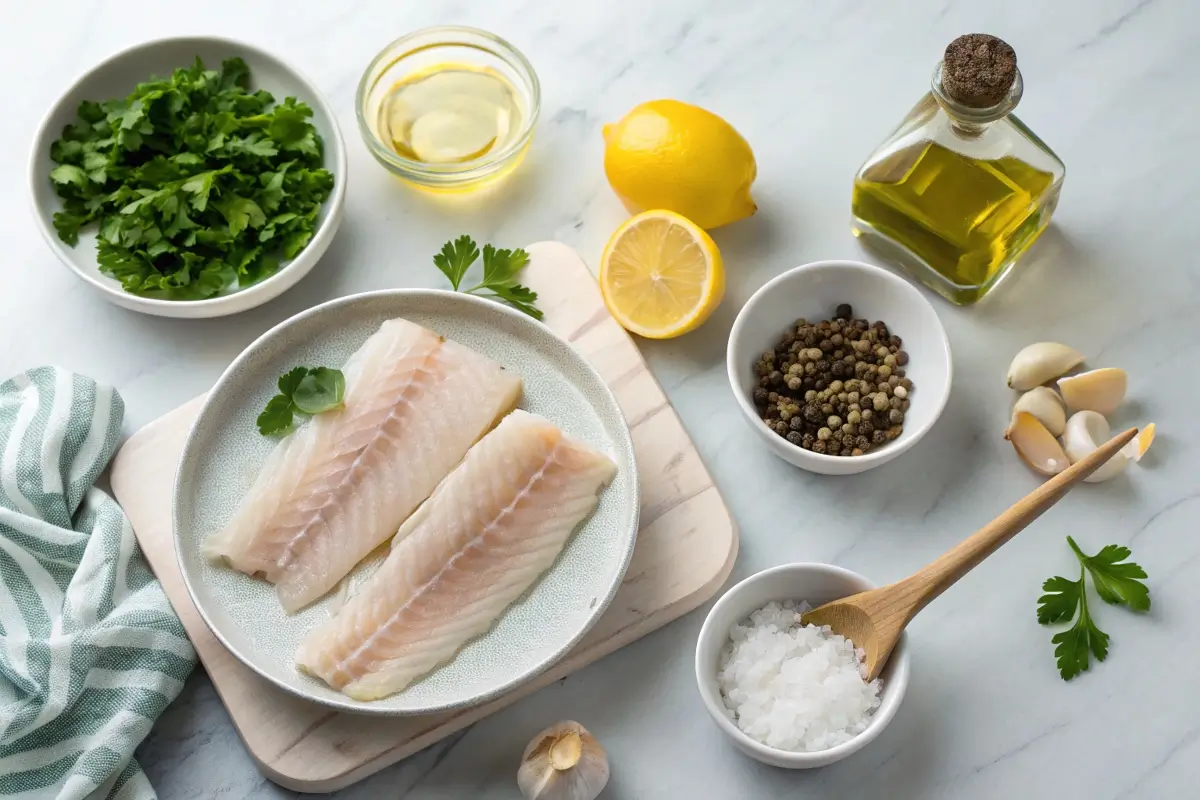 Fresh rockfish fillets arranged with ingredients like olive oil, garlic, herbs, spices, and lemon wedges on a wooden surface.