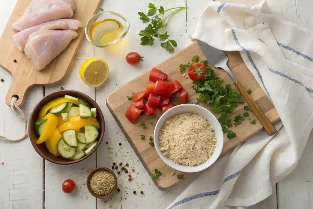 Fresh ingredients for Weight Watchers recipes, including chicken breast, leafy greens, quinoa, tomatoes, and low-fat cheese, displayed on a kitchen counter.