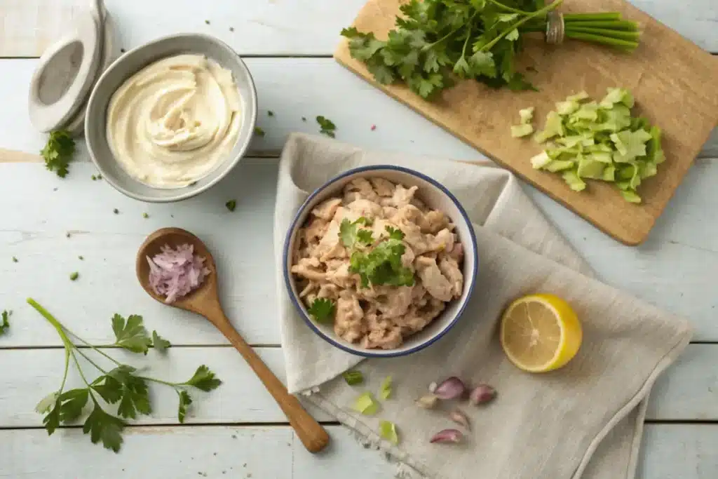 Ingredients for tuna salad, including canned tuna, mayonnaise, celery, red onions, lemon, and salt, displayed on a kitchen counter.