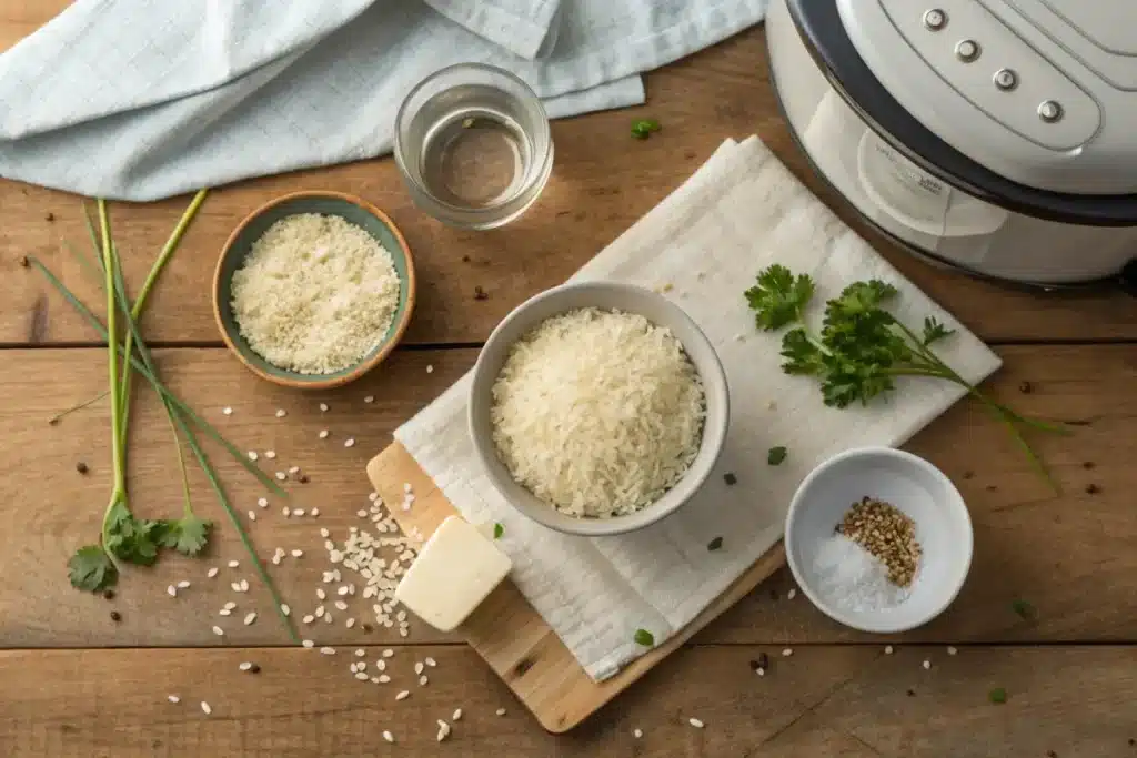 Ingredients for a rice hack, including uncooked rice, chicken broth, butter, garlic, and chopped vegetables, arranged on a kitchen counter.