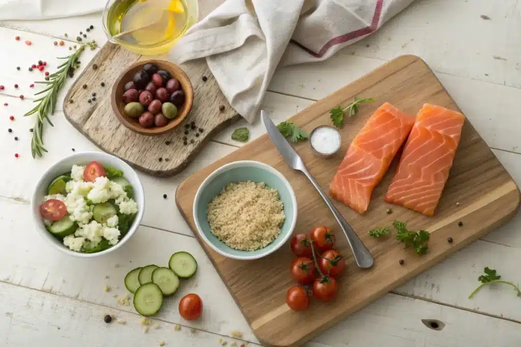 Fresh ingredients for Mediterranean diet meals, including salmon, olive oil, cherry tomatoes, cucumbers, chickpeas, and fresh herbs, displayed on a wooden countertop.