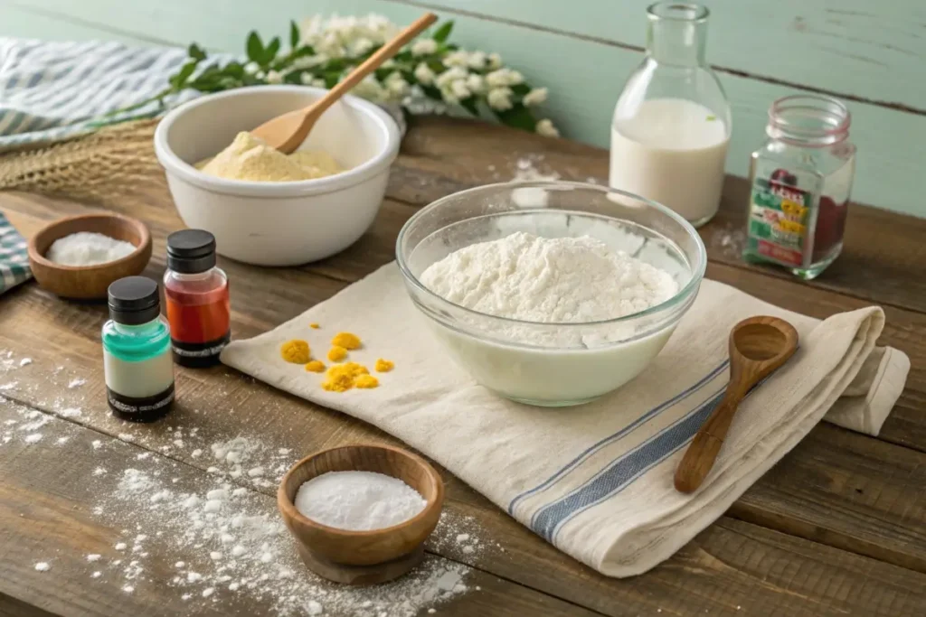 Ingredients for oobleck, including cornstarch, water, and optional food coloring, displayed on a countertop with a mixing bowl.