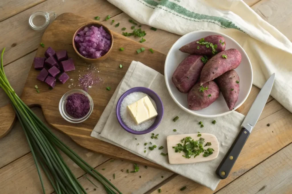 Ingredients for a purple sweet potato dish, including purple sweet potatoes, olive oil, garlic, and fresh herbs, displayed on a kitchen countertop.