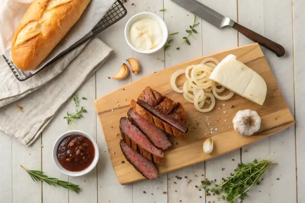 Ingredients for a tri-tip sandwich, including grilled tri-tip, rolls, cheese, caramelized onions, and condiments like barbecue sauce, displayed on a kitchen counter.