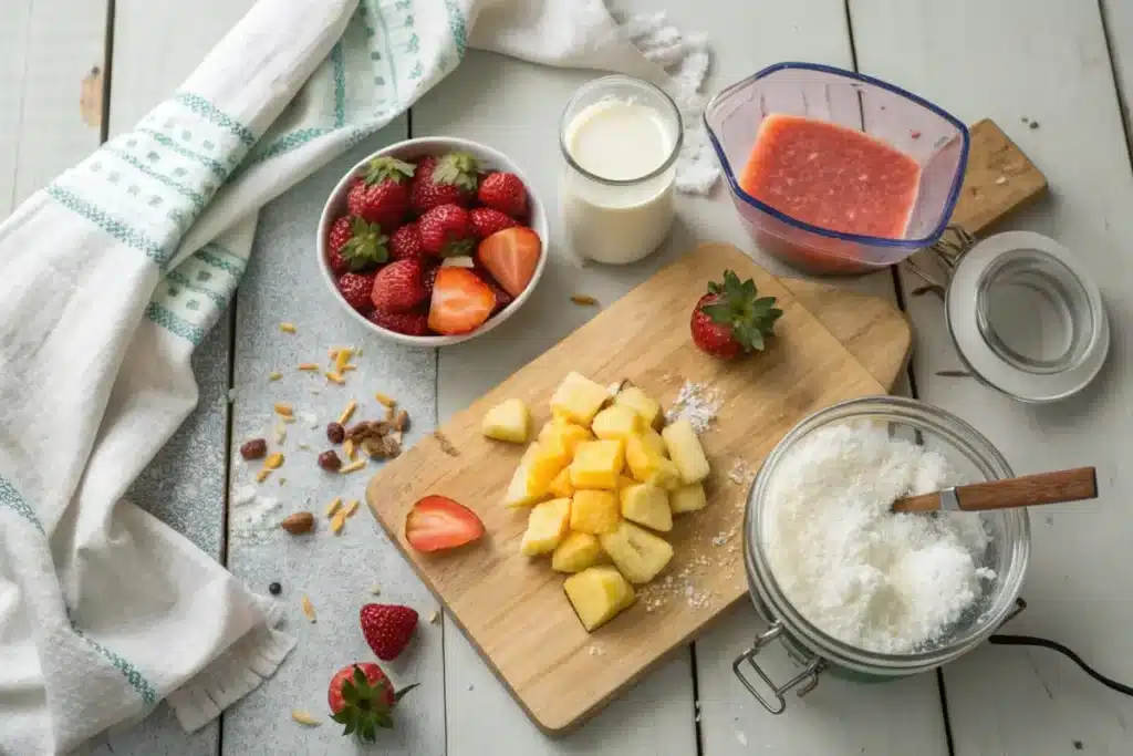 Ingredients for a Bahama Mama smoothie, including pineapple, strawberries, coconut milk, orange juice, and ice, displayed on a kitchen counter.