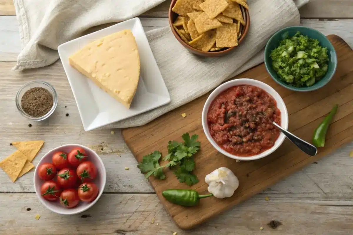 Ingredients for Rotel dip, including Velveeta cheese, a can of Rotel tomatoes, ground beef, and optional seasonings, displayed on a kitchen counter.