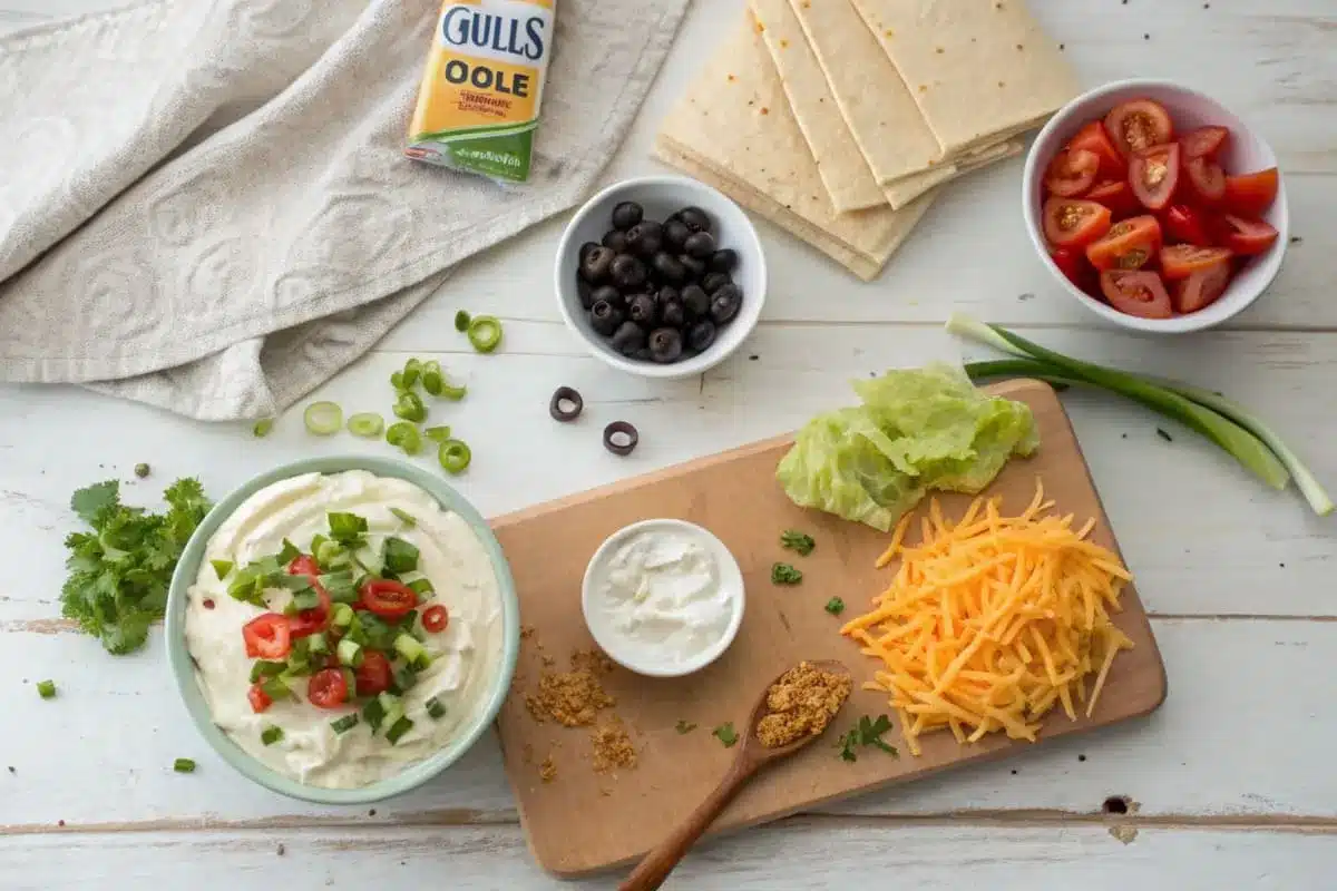 Ingredients for taco dip, including cream cheese, sour cream, taco seasoning, salsa, shredded cheese, and fresh vegetables, arranged on a counter.