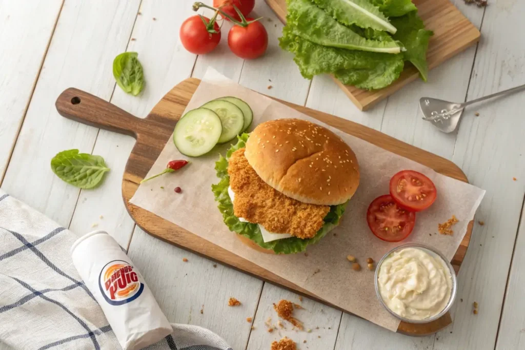 A display of ingredients used in Burger King chicken sandwiches, including crispy chicken fillets, pickles, brioche buns, lettuce, and mayonnaise.