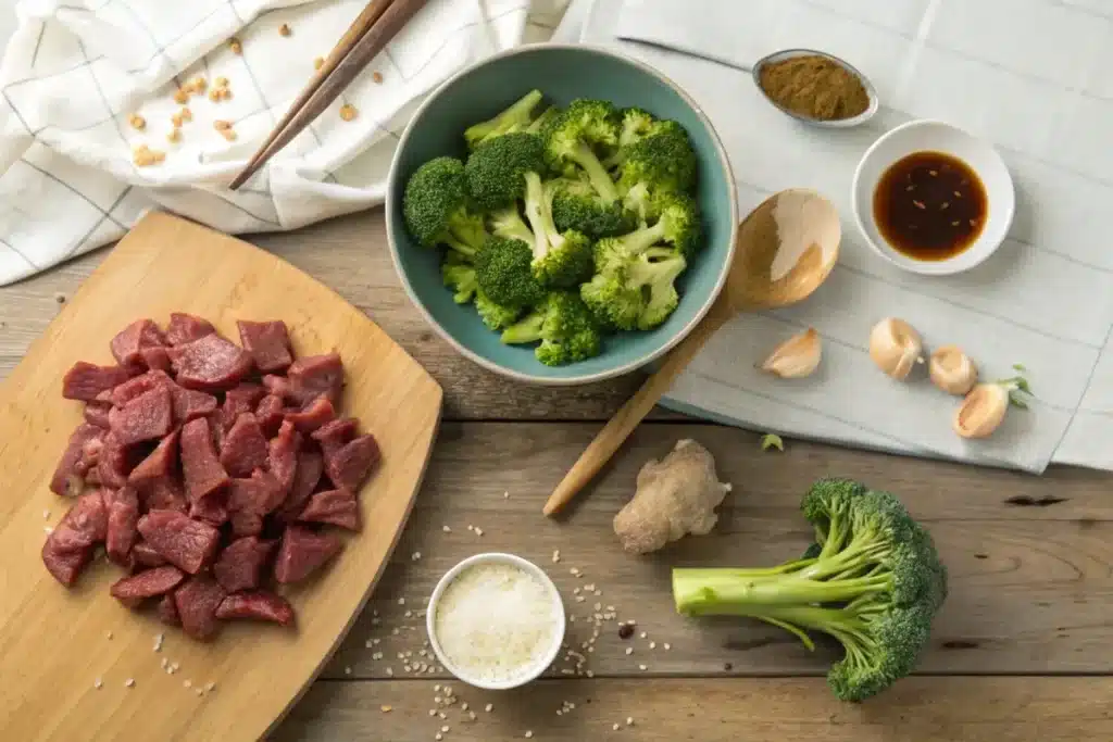 Ingredients for beef and broccoli, including sliced beef, broccoli florets, soy sauce, garlic, ginger, and sesame oil, displayed on a kitchen countertop.