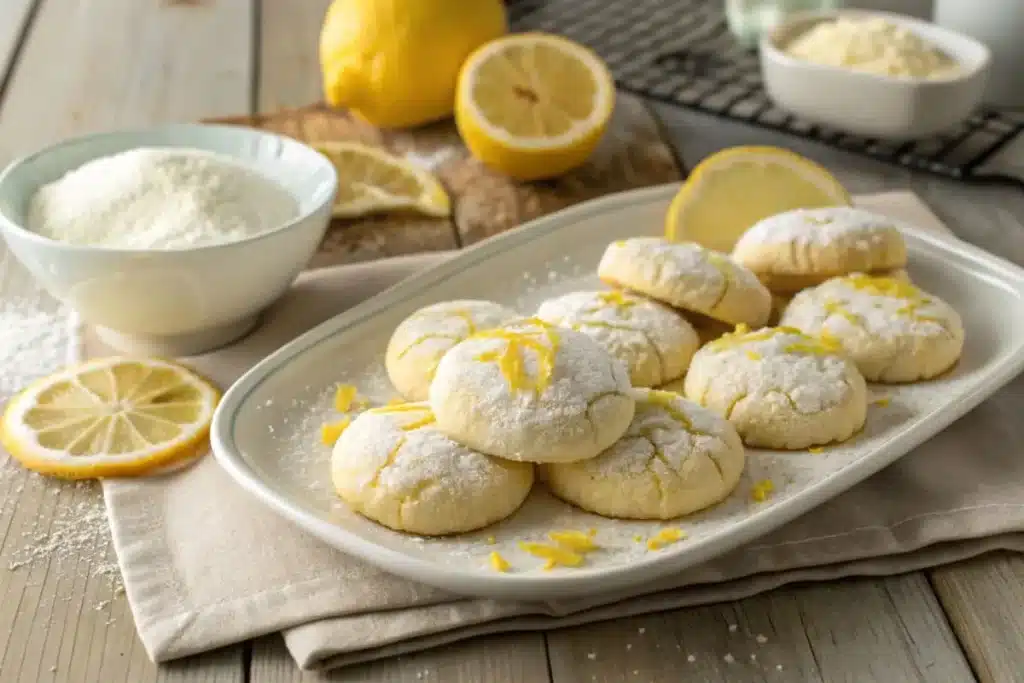 A plate of soft and chewy lemon cookies dusted with powdered sugar, garnished with lemon slices and fresh mint leaves.