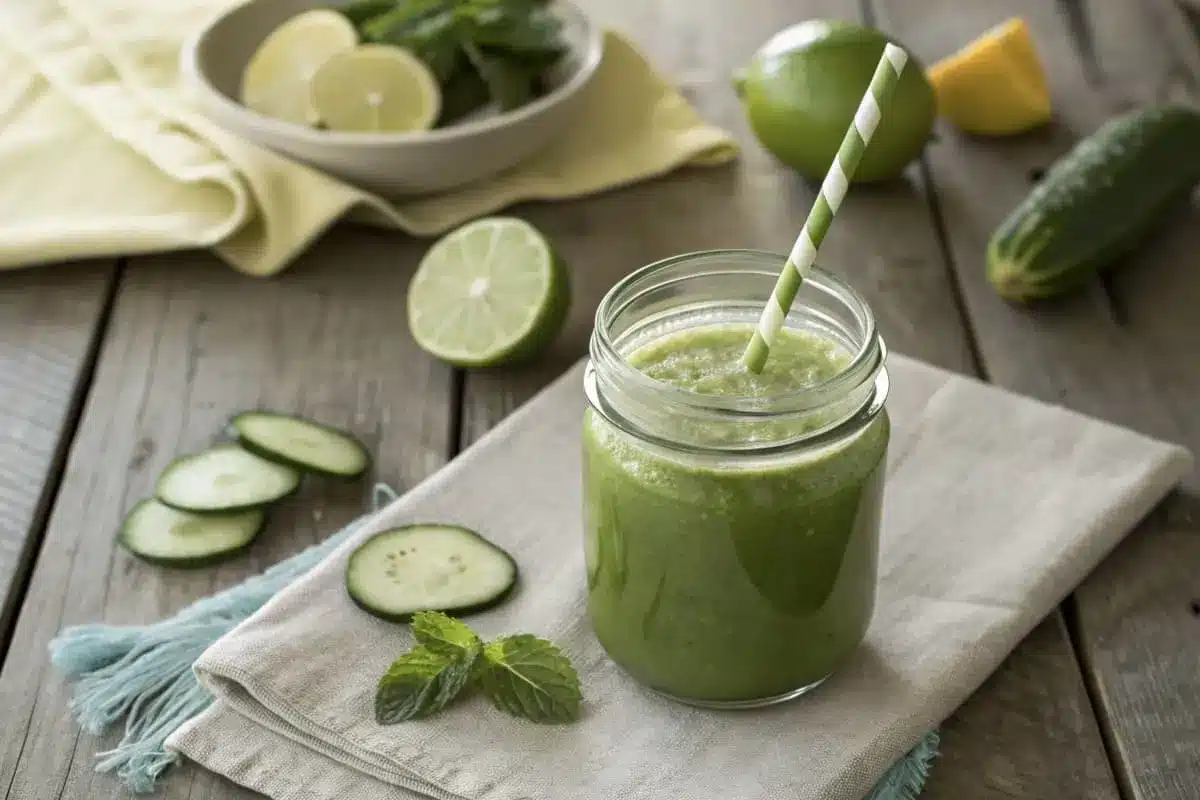 A glass of vibrant green liver cleanse juice garnished with a slice of lime and fresh mint, surrounded by fresh ingredients like kale, apples, and ginger.