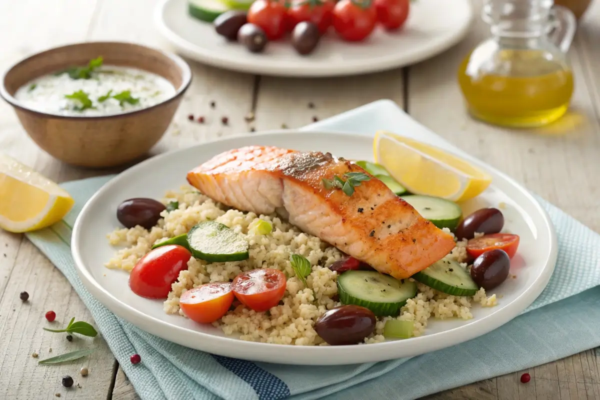 A vibrant plate of Mediterranean diet meals featuring grilled salmon, quinoa salad with cucumbers and tomatoes, olives, and a drizzle of olive oil.