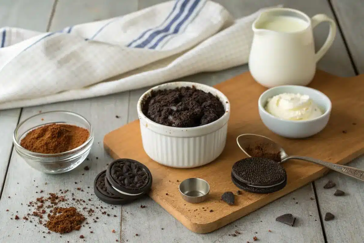 Ingredients for Oreo mug cake, including crushed Oreo cookies, milk, and optional toppings like whipped cream and chocolate chips.