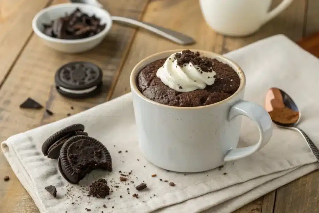 A rich Oreo mug cake in a white mug, topped with crushed Oreo pieces and a dollop of whipped cream, served on a rustic wooden table.