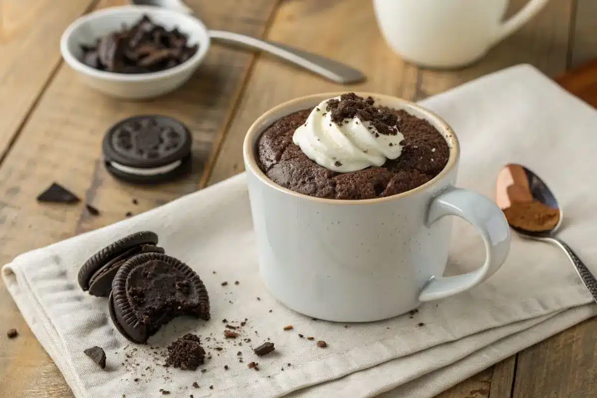 A rich Oreo mug cake in a white mug, topped with crushed Oreo pieces and a dollop of whipped cream, served on a rustic wooden table.