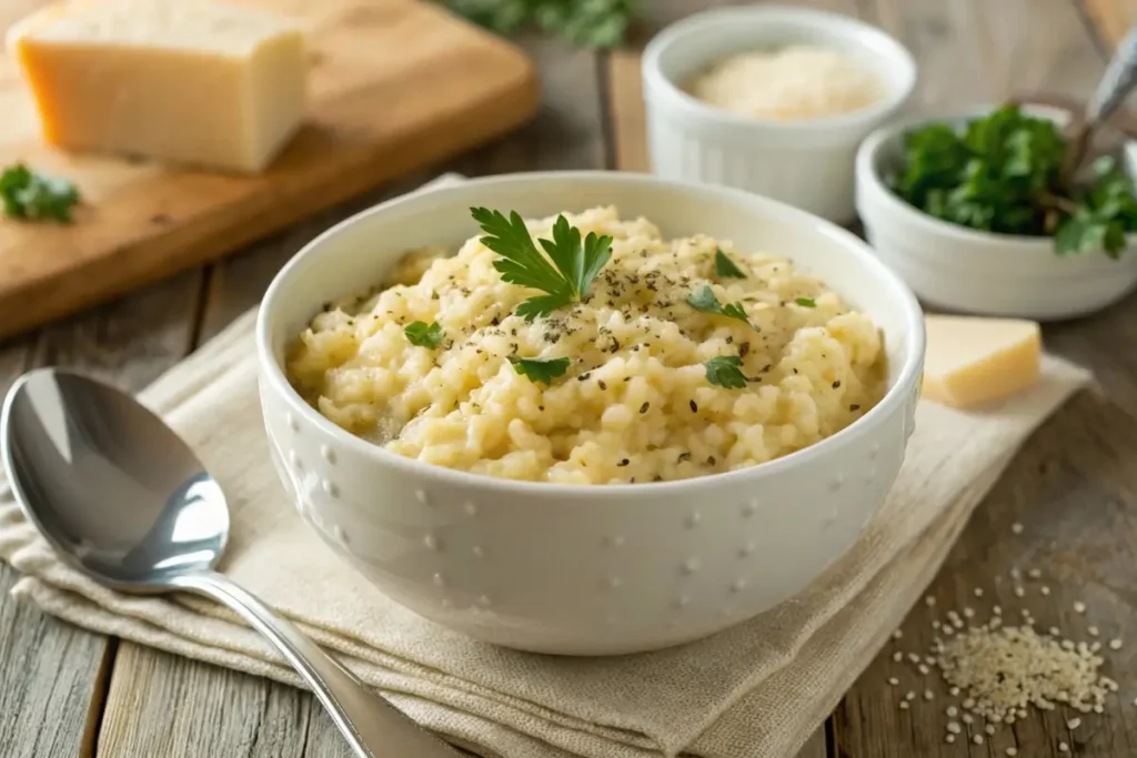 A comforting bowl of creamy pastina garnished with grated Parmesan cheese, a pat of butter, and a sprinkle of fresh parsley, served with a spoon on a wooden table.