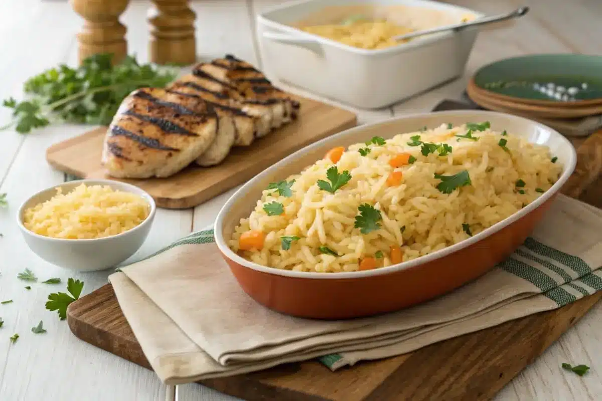 Cheesy rice served in a bowl with a sprinkle of shredded cheese on top and paired with grilled chicken and steamed broccoli.