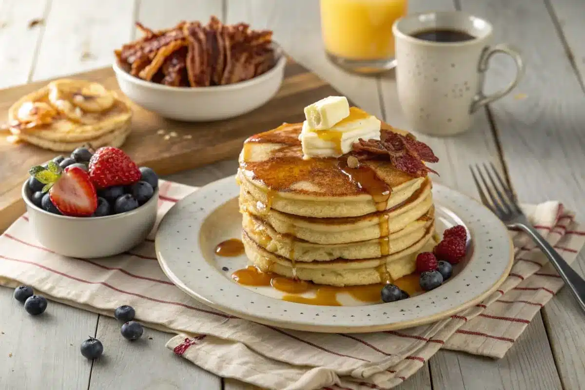 A plate of pancakes served with maple syrup, crispy bacon, scrambled eggs, and a side of orange juice.