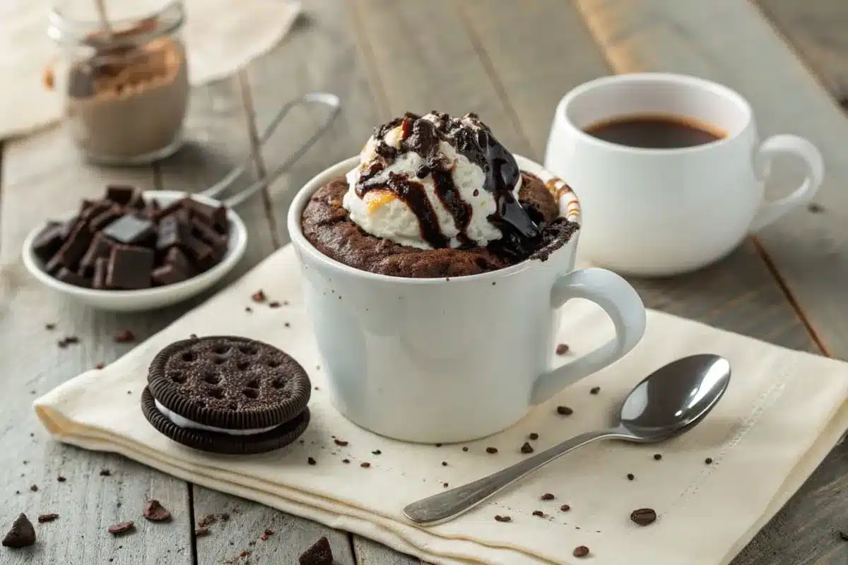 A freshly cooked Oreo mug cake garnished with whipped cream, chocolate sauce, and an Oreo cookie on top.