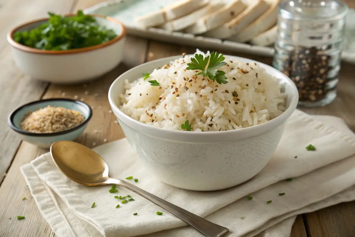 A bowl of perfectly cooked rice enhanced with added vegetables and seasonings, served with a garnish of fresh herbs.