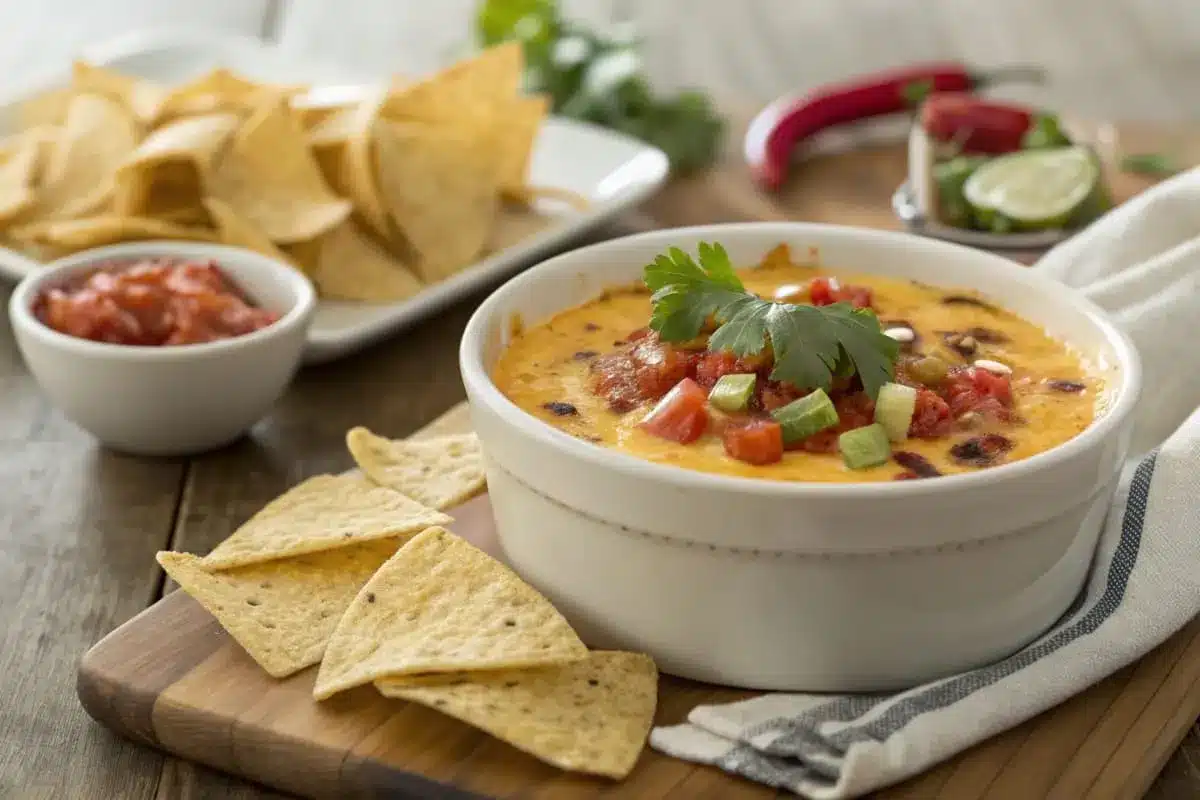 A skillet of creamy Rotel dip made with melted cheese and diced tomatoes, served with tortilla chips and garnished with fresh cilantro.