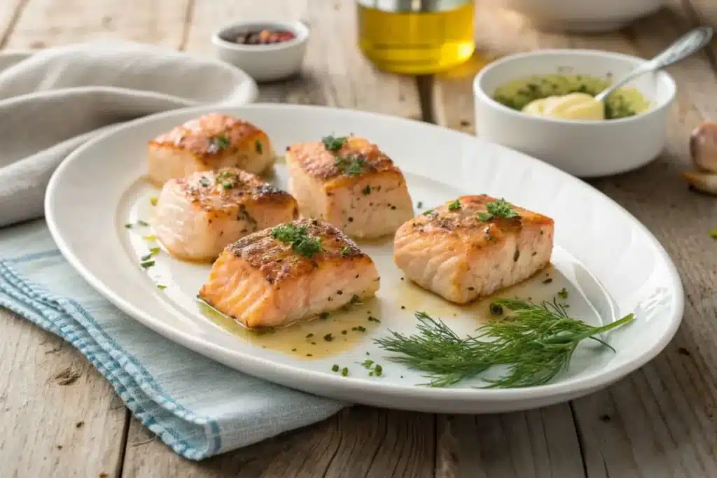 A plate of golden-brown salmon bites garnished with fresh parsley, served with a tangy dipping sauce and lemon wedges.