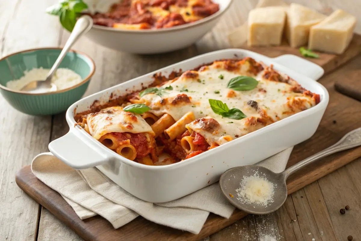 A casserole dish of baked ziti halfway through baking, with aluminum foil covering one side and bubbling cheese on the other.