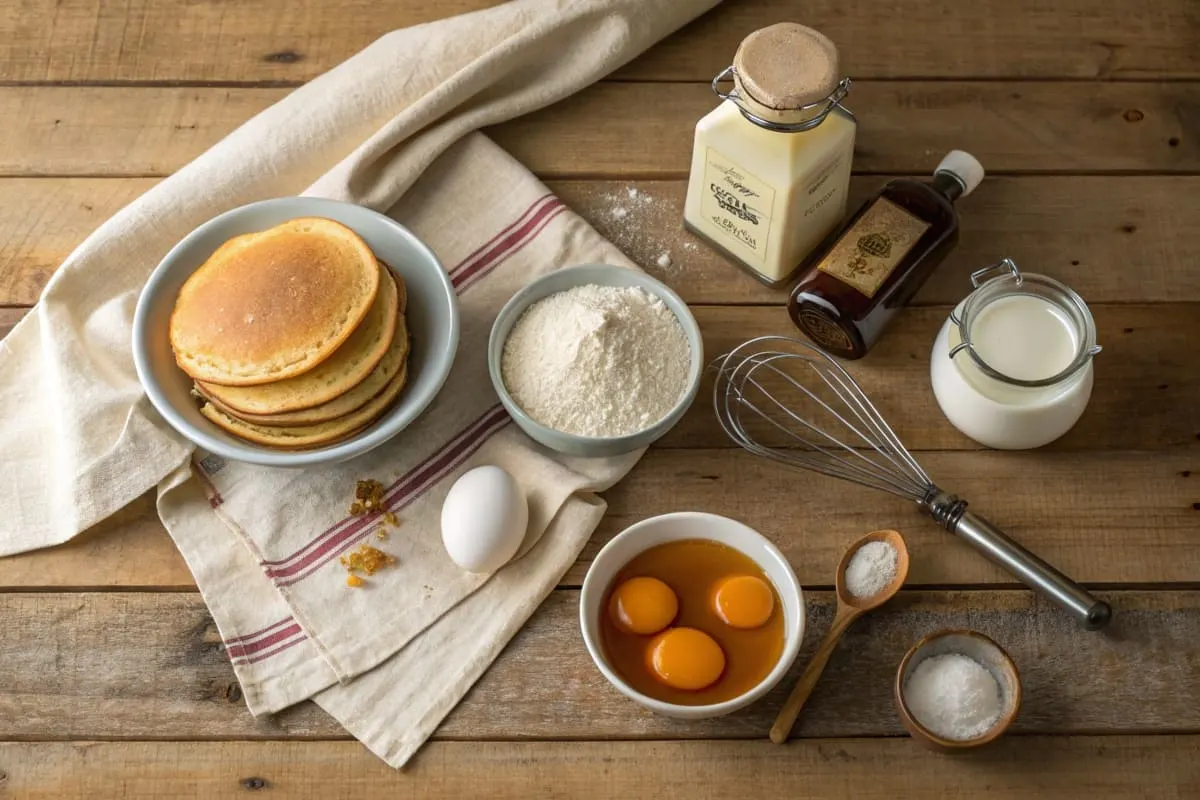 Ingredients for Cracker Barrel pancakes, including flour, milk, eggs, baking powder, sugar, and butter, arranged neatly on a kitchen counter.