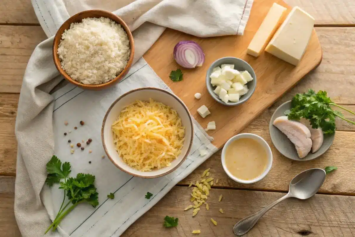 Ingredients for cheesy rice, including cooked rice, shredded cheese, milk, butter, and seasoning, neatly arranged on a kitchen counter.