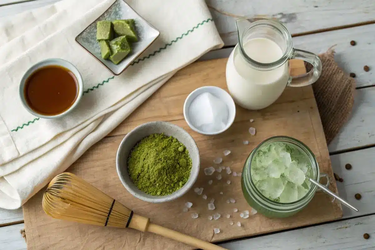 Ingredients for iced matcha latte, including matcha powder, milk, sweetener, ice cubes, and a whisk, displayed on a wooden countertop.