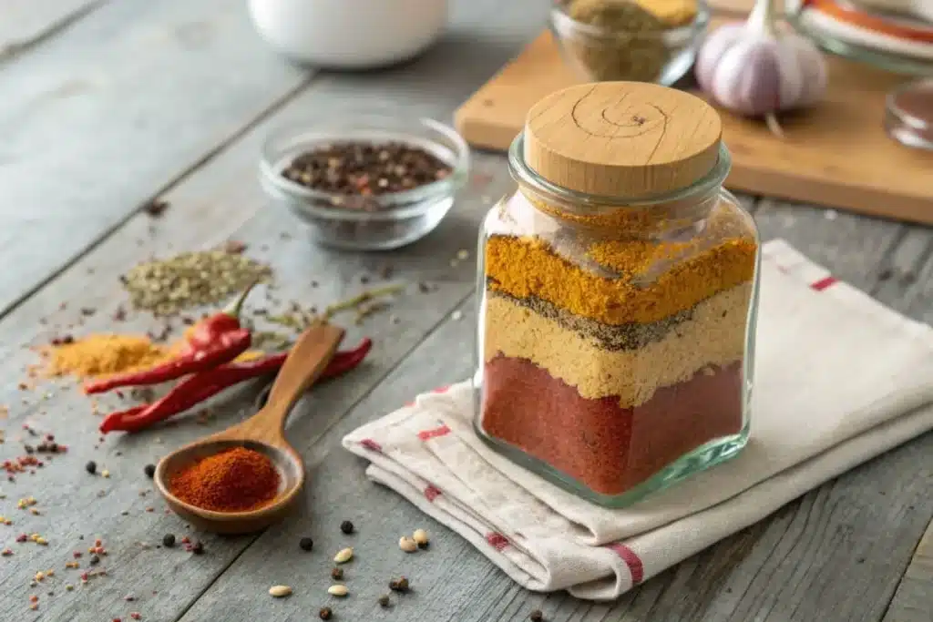 A jar of homemade Slap Ya Mama seasoning with a blend of spices like paprika, garlic powder, and cayenne, surrounded by chili peppers and herbs on a wooden table.