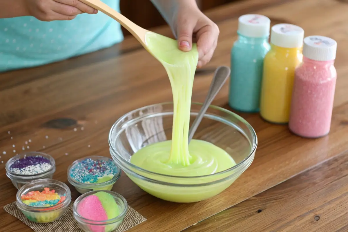 Finished slime in vibrant colors, displayed in separate containers with labels and accessories like glitter and small toys for decoration.