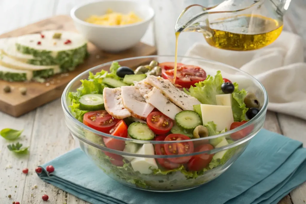 A glass bowl filled with fresh salad ingredients, including sliced chicken, tomatoes, cucumbers, olives, and lettuce, is being drizzled with olive oil.