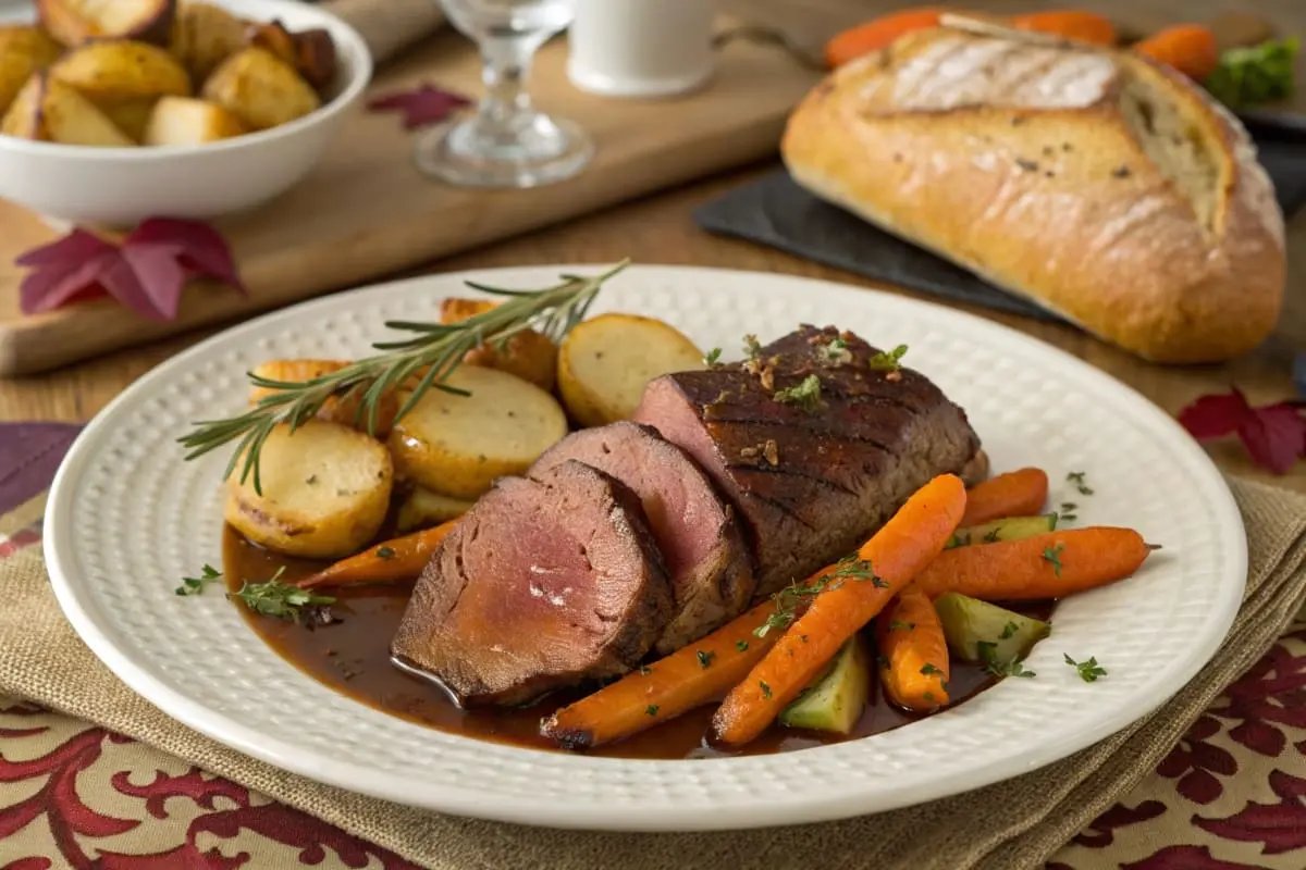 A plated venison roast with roasted seasonal vegetables, drizzled with savory sauce, and presented on a rustic dining table with autumn-themed decor.