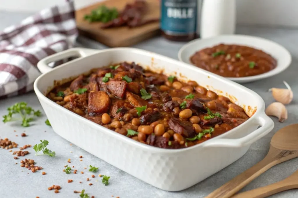 A bowl of baked beans with crispy bacon, sautéed onions, and barbecue sauce, garnished with fresh parsley, served on a wooden table.