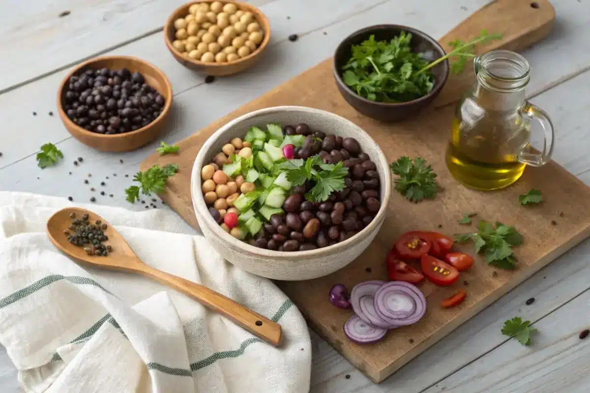 A vibrant salad topped with a variety of beans, including chickpeas, black beans, and kidney beans, garnished with fresh herbs and lemon wedges.