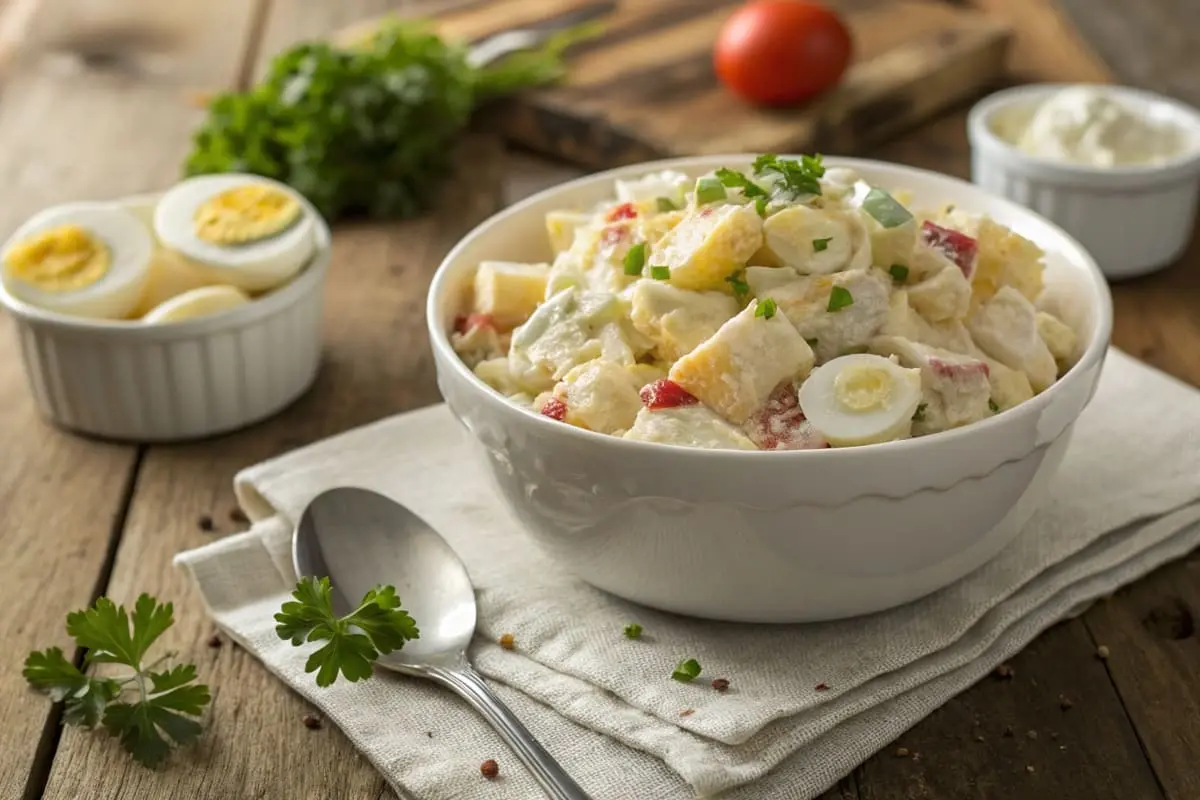 A bowl of potato salad with a fork next to it, showcasing improperly prepared ingredients, like overcooked potatoes and too much dressing.