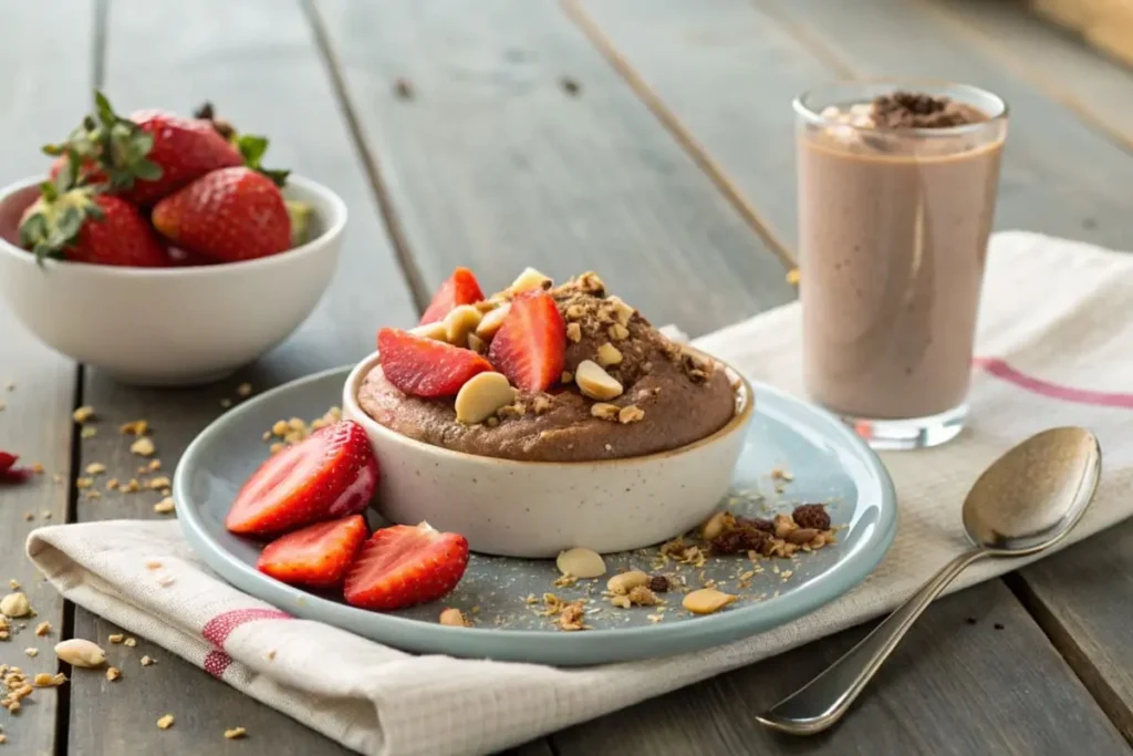 A protein-packed dessert platter featuring Greek yogurt parfait, protein brownies, and peanut butter protein balls garnished with fresh fruit and nuts.